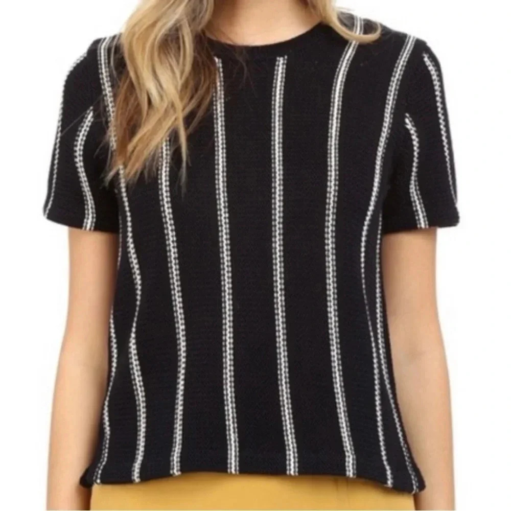 Theory Emmeris Ibisco Striped Boxy Crochet Knit Sweater Size M Short Sleeve